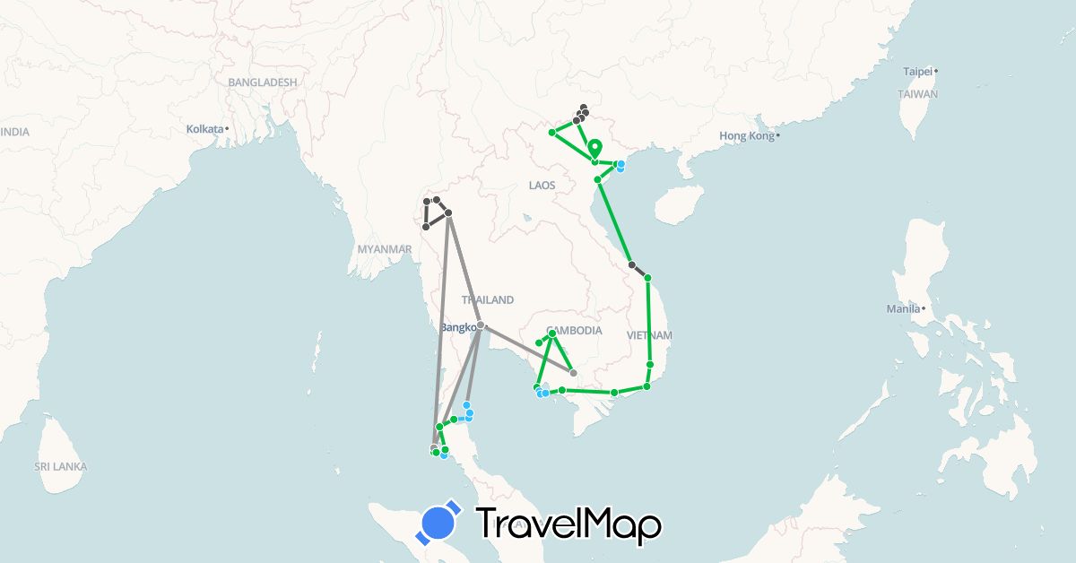 TravelMap itinerary: driving, bus, plane, boat, motorbike in Cambodia, Thailand, Vietnam (Asia)